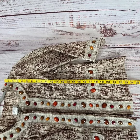 Just B Linen Fringe Blazer L Bohemian Jewel Beaded Mesh Lace Snap Closure Jacket - Picture 9 of 11